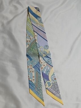 Hermes Twilly Silk Scarf in Pastel Blue, Yellow & Green